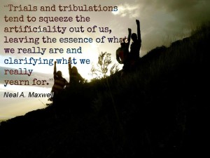 Four people climbing a mountain at sunset, with a quote about trials from Neal Maxwell.